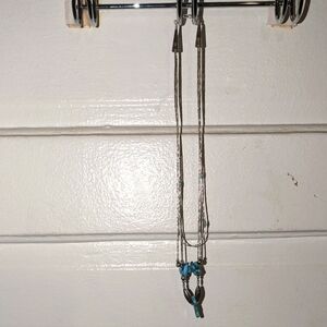 Vintage Silver Tourquoise Blue Three Strand Beaded Necklace